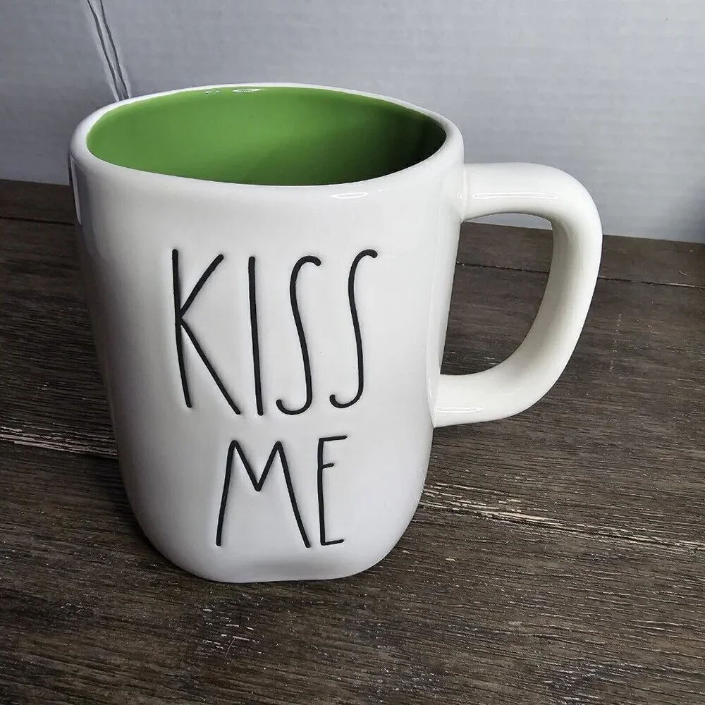 NWT Rae Dunn Artisan Kiss Me St Patrick's Day Mug Double Sided Four Leaf Clover